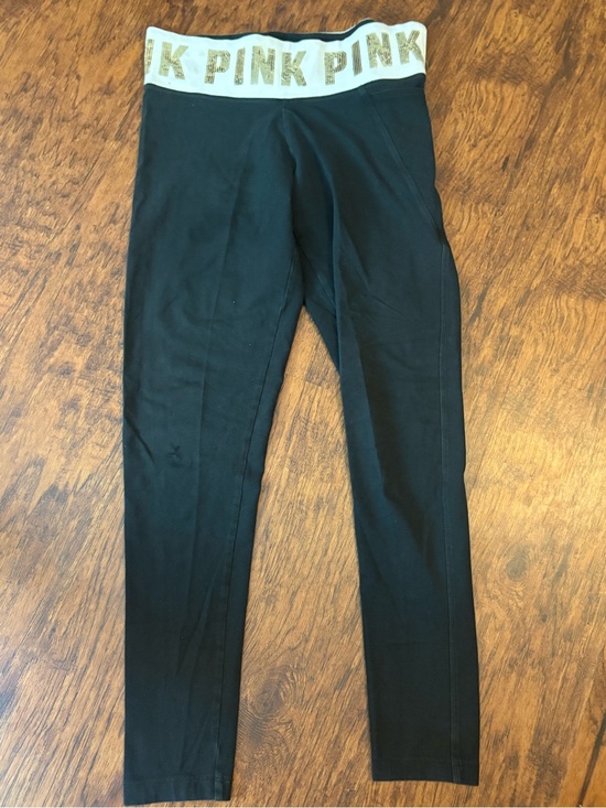 PINK Victoria's Secret Pants - PINK Victoria's Secret Black Leggings with White Waistband and Gold Logo